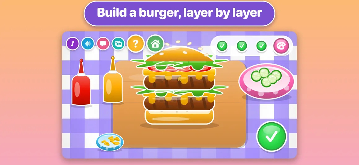 Building a burger layer by layer in Yummy Monsters